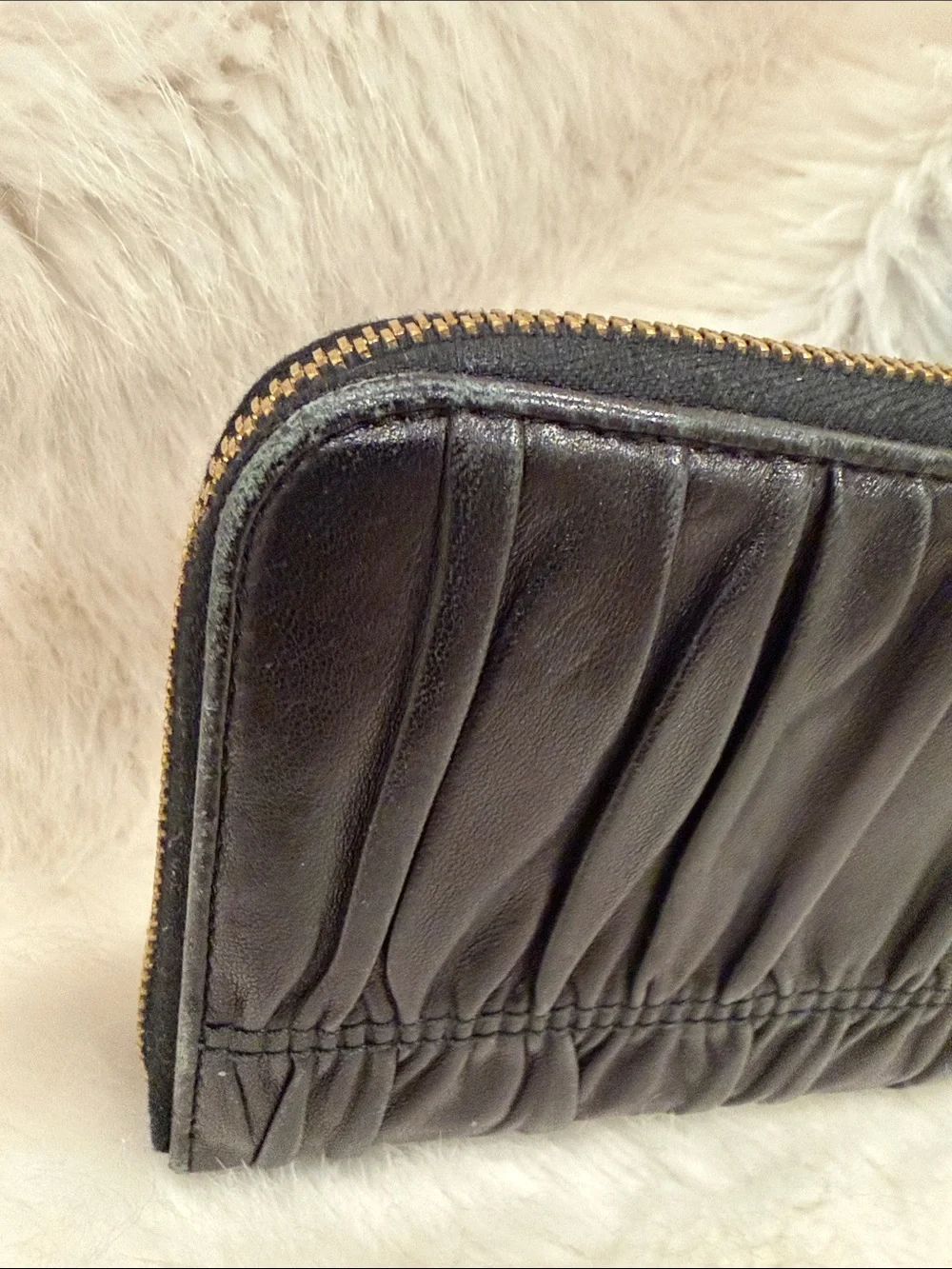 Prada Black Gathered Leather Zip-Around Wallet with Gold Logo